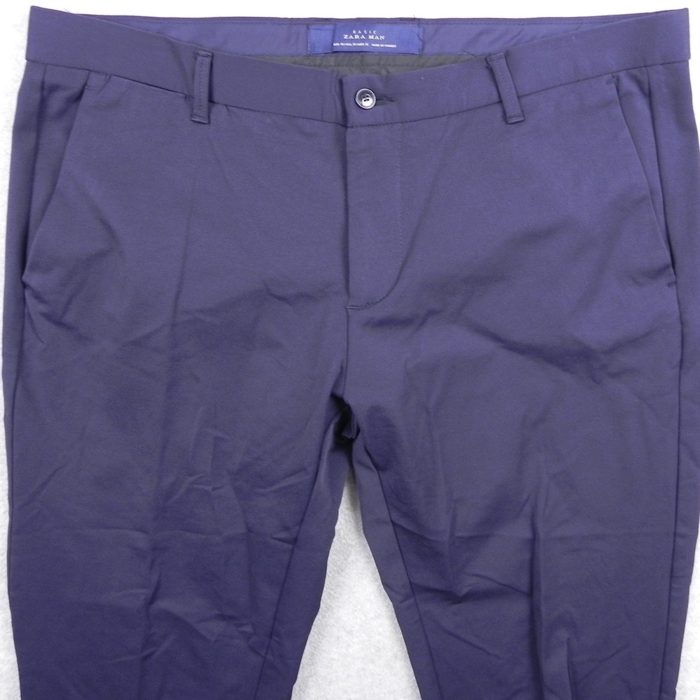 Zara Man Pants Mens 36 Basic Khaki Chino Business Casual Flat Front Navy Blue - Picture 2 of 13